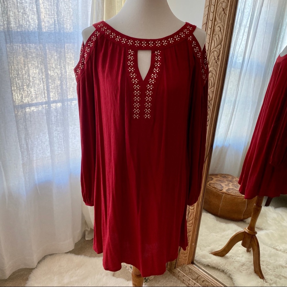 Knox Rose Cold Shoulder High-Low Dress with Gold and Silver Embellishment